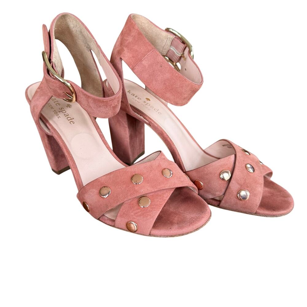 Kate‎ Spade Oakwood Ankle Strap Block Heel Sandal Pink Gold Studs Sz 6.5 Wedding